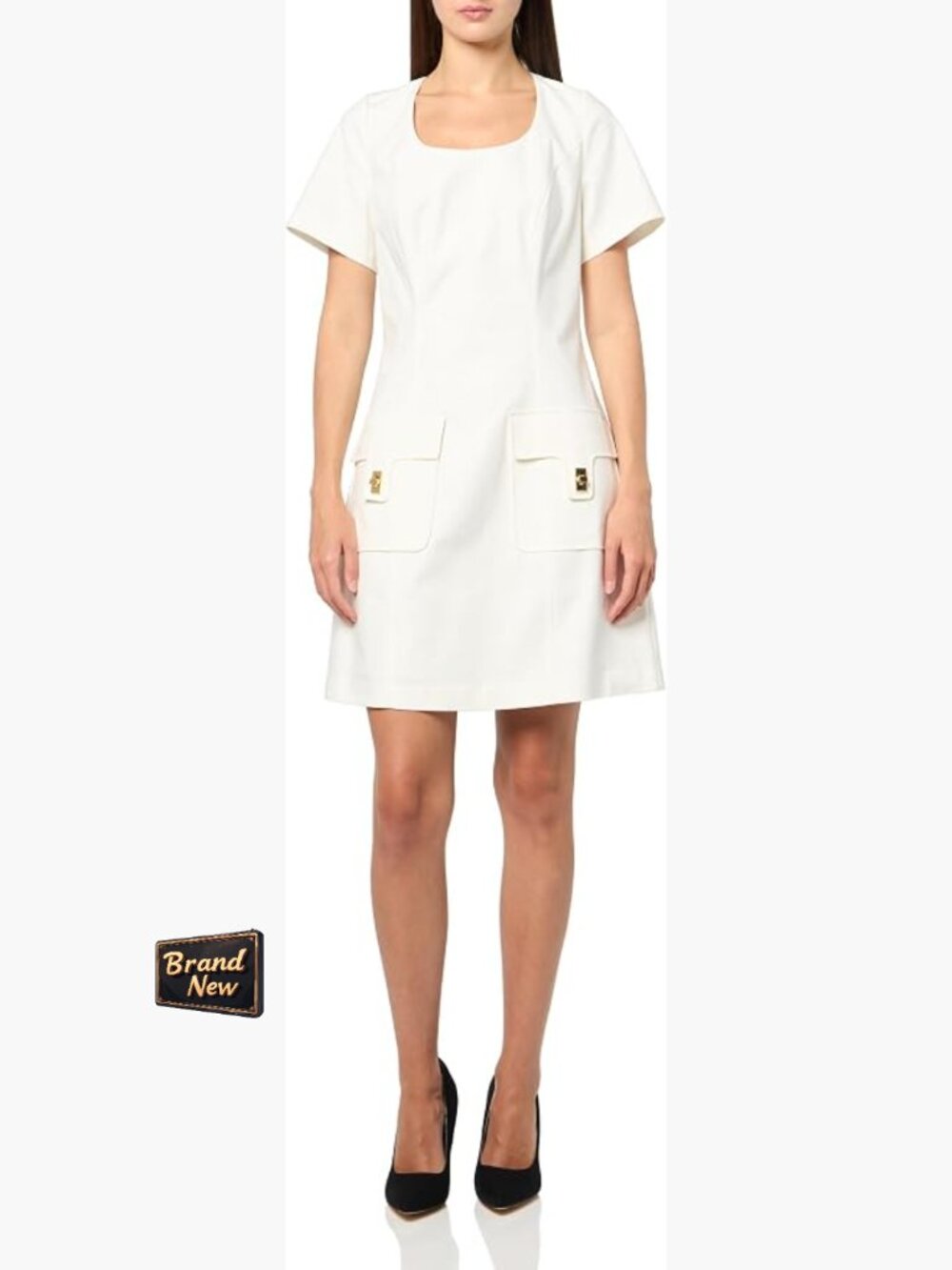 Square Neck A-Line Dress Short Sleeve Cotton Blend Zipper Patch Pockets